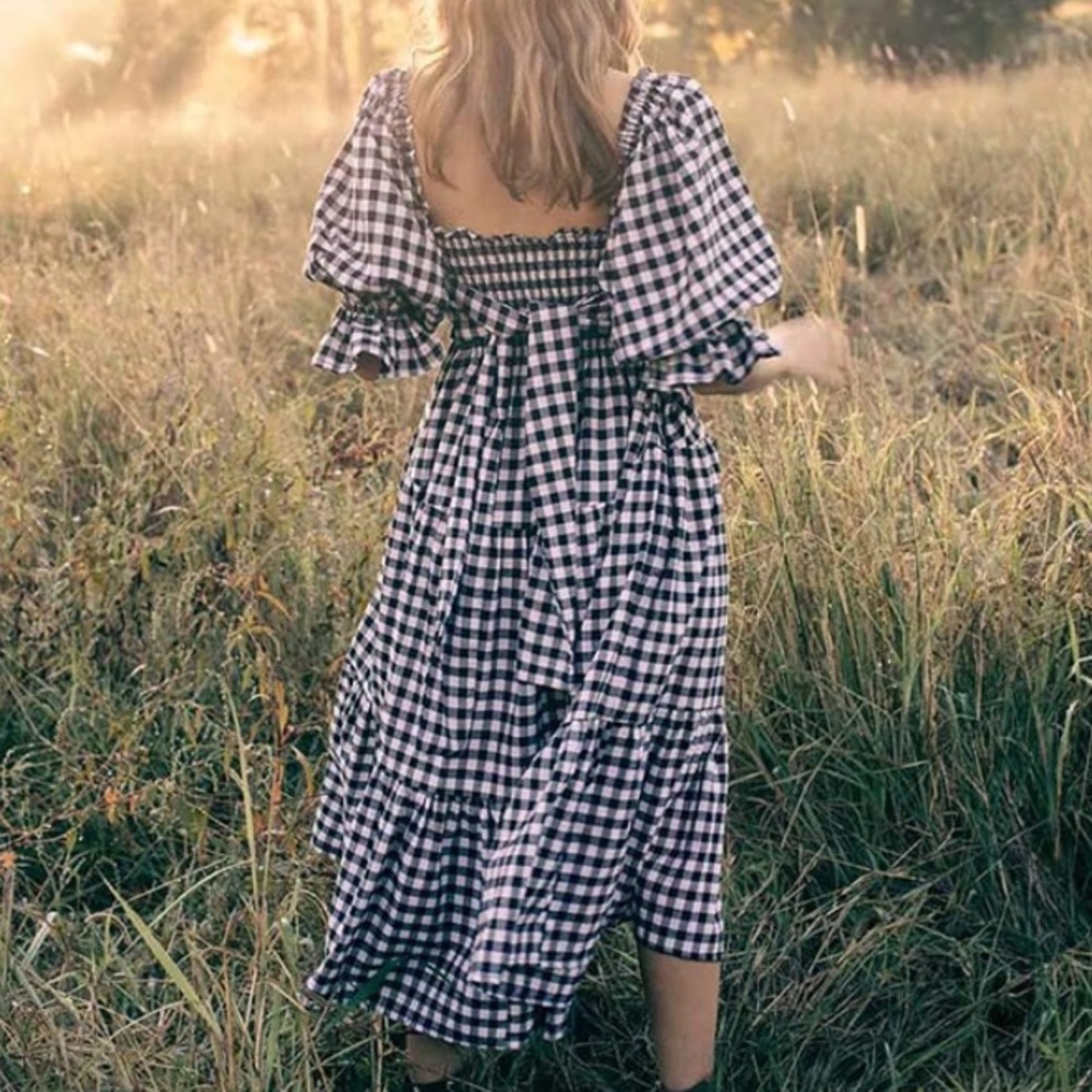 R.Vivimos Plaid Puff Sleeve Midi Dress